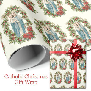 Papier Cadeau Vierge de Noël Marie Jésus Poinsettia Rosaire