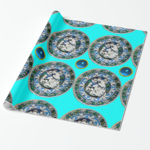 Papier Cadeau VIERGE ET ENFANT AVEC ANGELS, Bleu Turquoise