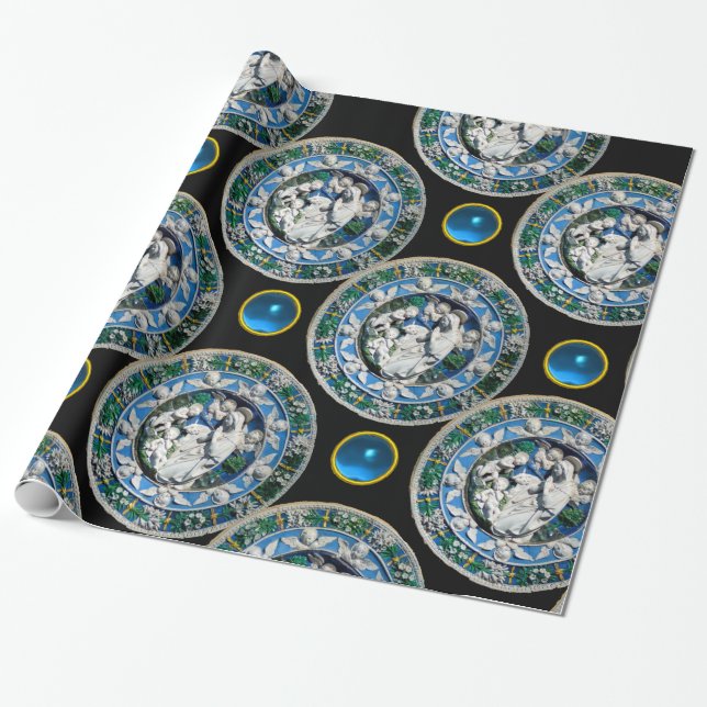 Papier Cadeau VIERGE ET ENFANT AVEC ANGELS, Saphir Bleu Rond (Déroulé)