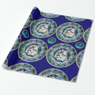 Papier Cadeau VIERGE ET ENFANT AVEC ANGELS, Saphir Bleu Rond