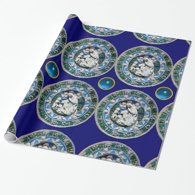 Papier Cadeau VIERGE ET ENFANT AVEC ANGELS, Saphir Bleu Rond (Déroulé)