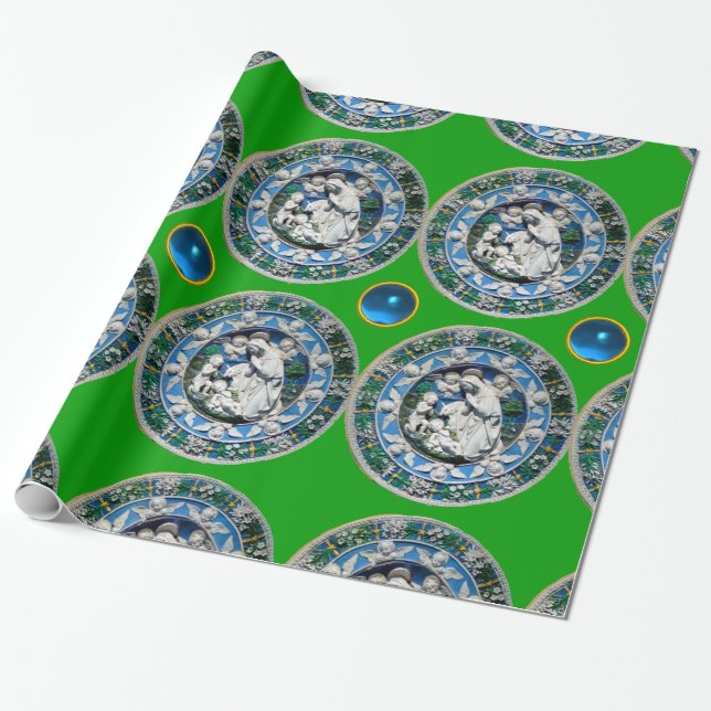 Papier Cadeau VIERGE ET ENFANT AVEC ANGELS, Vert Saphir Bleu (Déroulé)
