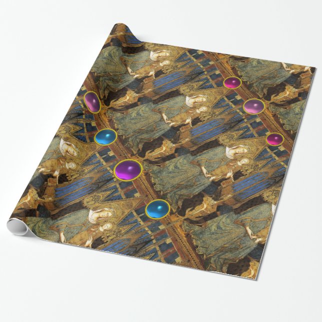 PAPIER CADEAU VIERGE ET ENFANT AVEC BLEU, ROSE, PIERRE GEMSTONES (Déroulé)