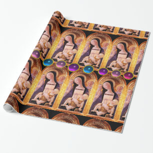 PAPIER CADEAU VIERGE ET ENFANT AVEC LES PIERRES GEMMES BLEUES,