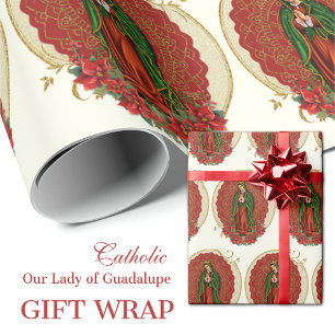 Papier Cadeau Vierge Guadalupe Catholique Noël Pointsettia