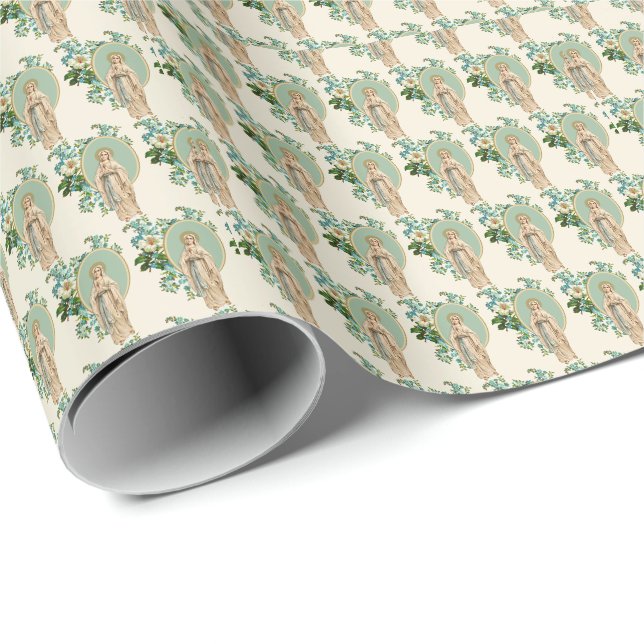 Papier Cadeau Vierge religieuse Marie Florale Élégante  (Coin rond)