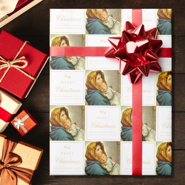 Papier Cadeau Vierge religieuse traditionnelle Marie & Jésus cat (Madonna & Child religious Christmas gift wrap in white and gold)