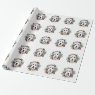 Papier Cadeau Vieux anglais Sheepdog Christmas Wreath Festive Pu