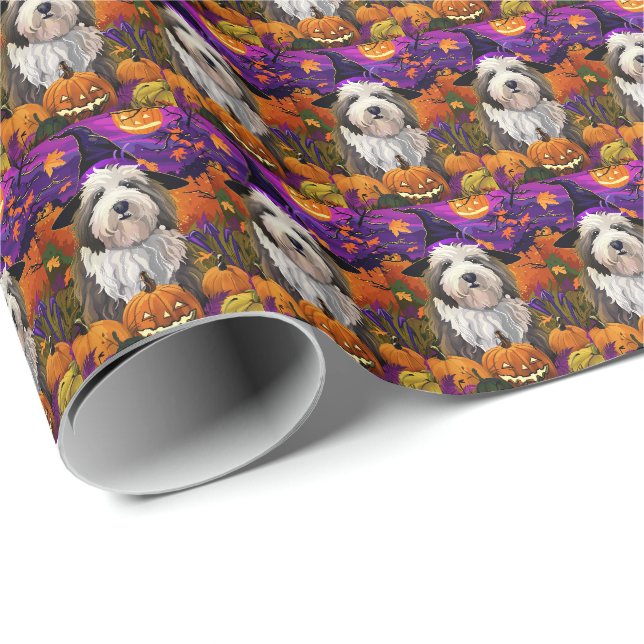 Papier Cadeau Vieux anglais Sheepdog Halloween sorcier Citrouill (Coin rond)