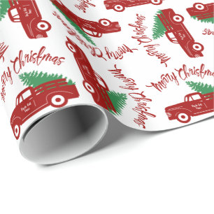 Papier Cadeau Vieux Camion Rouge Fraîches Arbres Joyeux Noël