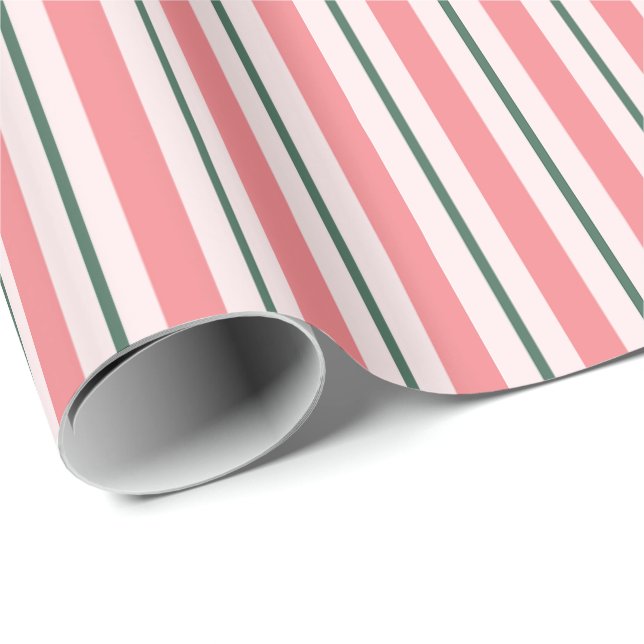 Papier Cadeau Vieux rose pâle et Motif vert rayé (Coin rond)