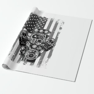 Papier Cadeau Vieux Véhicule Musclé Piston Drapeau Américain Drô