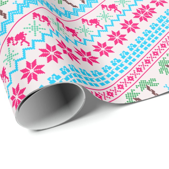 Papier Cadeau Vilain Flamant rose tropical de Noël (Coin rond)