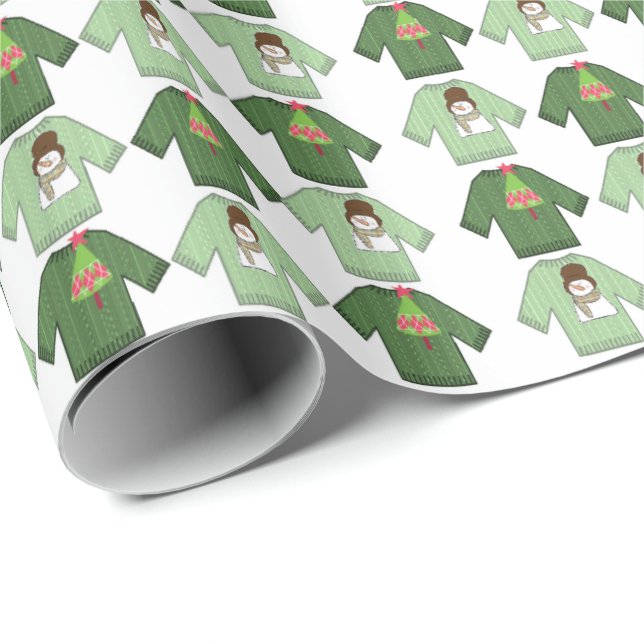 Papier Cadeau Vilains pulls de Noël Papier à enveloppement vert (Coin rond)