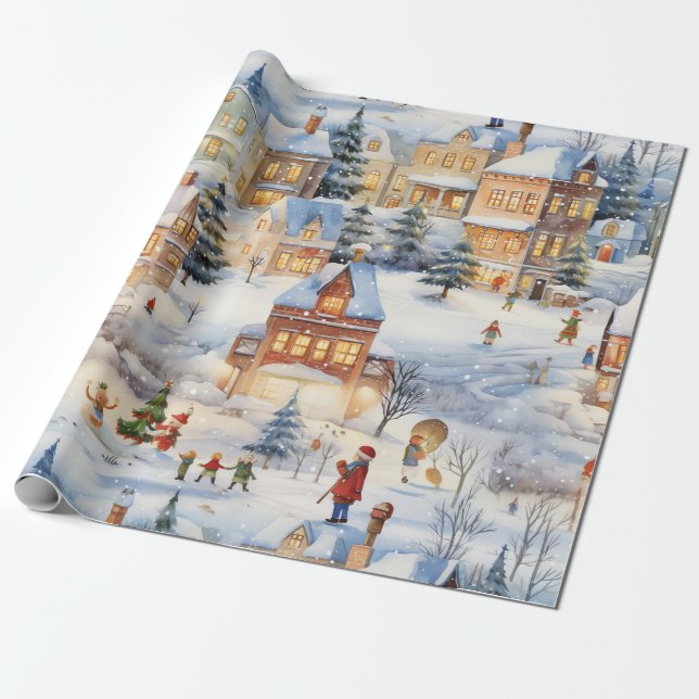Papier Cadeau Village de neige d'hiver Fun (Déroulé)