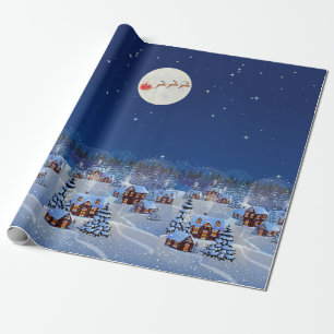 Papier Cadeau Village de Noël avec Père Noël & Reindeds