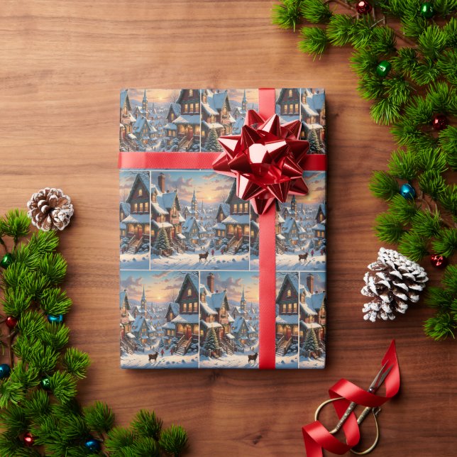 Papier Cadeau Village de Noël enneigé (Cadeau de vacances)