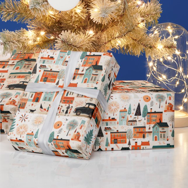 Papier Cadeau Village de Noël Mid Century Modern  (Vacances)