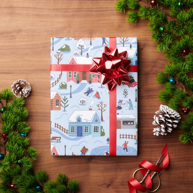 Papier Cadeau Village de Noël Motif des gens (Cadeau de vacances)