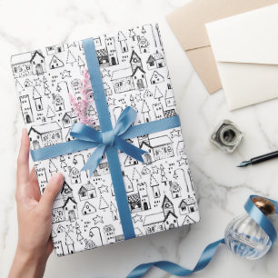 Papier Cadeau Village de Noël pour enfants Whimsical Black & Whi