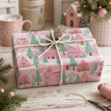 Village de pain d'épice rose pastel de Noël doux