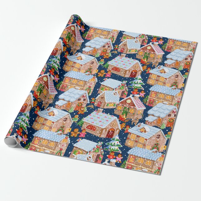 Papier Cadeau Village de pain d'épices (bleu) (Déroulé)