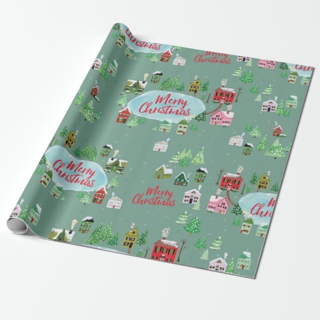 Papier Cadeau Village d'hiver Scène Joyeux Noël (Déroulé)