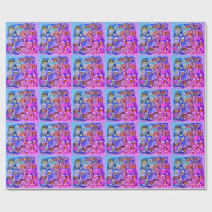 Papier Cadeau Village hivernal fantaisiste rose violet Art popul