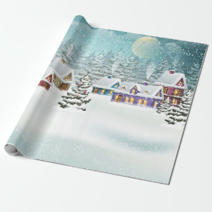 Papier Cadeau Village paysage d'hiver avec maisons couvertes de 