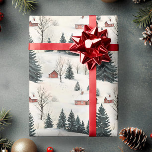 Papier Cadeau Village rustique de neige rouge et blanche