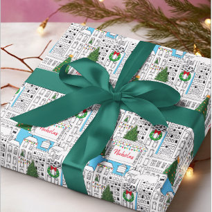 Papier Cadeau Ville de Noël, paysage urbain personnalisé dessiné