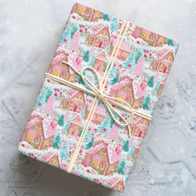 Papier Cadeau Ville de pain d'épices de Noël rose (Créateur téléchargé)