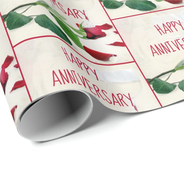 Papier Cadeau Vin d'anniversaire et Rose rouge (Coin rond)