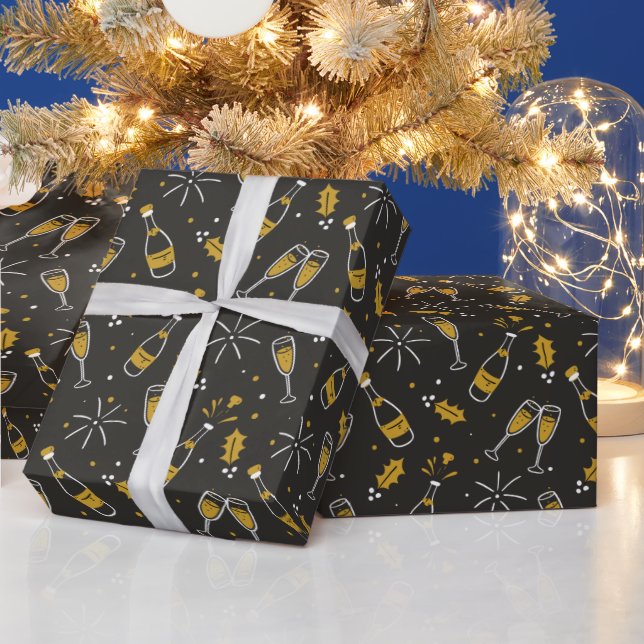 Papier Cadeau Vin Lunettes de bouteille Holly Nouvel An Feu d'ar (Vacances)