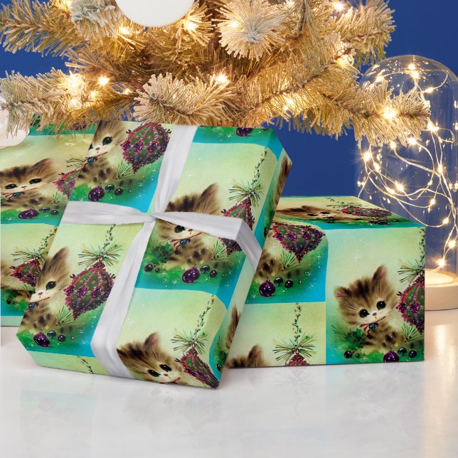 Papier Cadeau Vinage retro chat de Noël Vêtements de fête (Vacances)