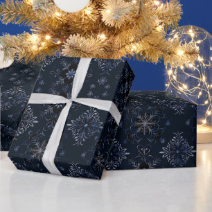 Papier Cadeau Vins Fleurs Botanique Bleu Noir Noël