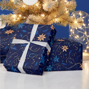 Papier Cadeau Vins Fleurs Botanique Orange Bleu Noël