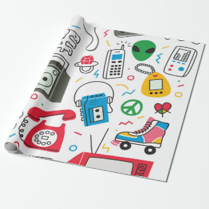 Papier Cadeau Vintage 80's 90's doodle with boom box, television