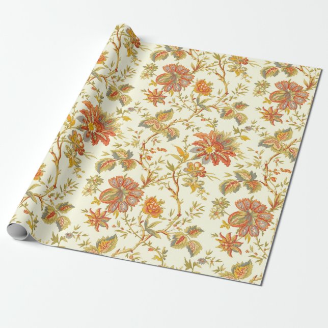 Papier Cadeau Vintage automne Floral Feuille Orange (Déroulé)