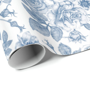 Papier Cadeau Vintage bleu blanc motif floral