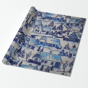 Papier Cadeau Vintage Blue Christmas Village