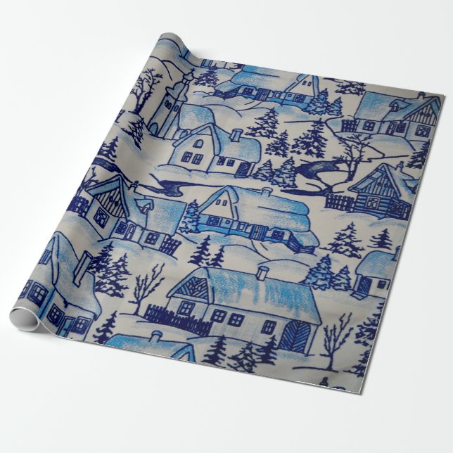 Papier Cadeau Vintage Blue Christmas Village (Déroulé)