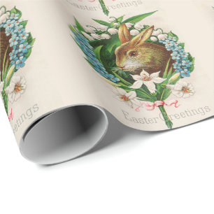 Papier Cadeau Vintage Bunny Floral Wreath Salutations de Pâques