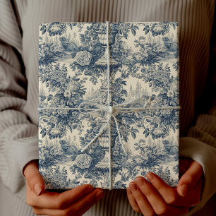 Papier Cadeau Vintage Chic Bleu Toile de Jouy Floral