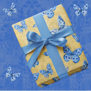 Papier Cadeau Vintage Chinoiserie Bleu Blanc Papillon Or