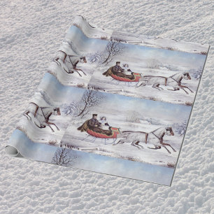 Papier Cadeau Vintage Christmas, The Road Winter, Sleigh Horse