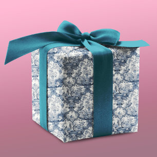 Papier Cadeau Vintage damas à fleurs Bleu toile de jouy monogram