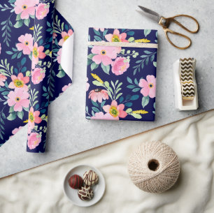 Papier Cadeau Vintage Elegant Marine Bleu Blush Rose Floral