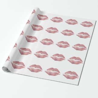 Papier Cadeau Vintage empreinte de lèvre rose, or rose.