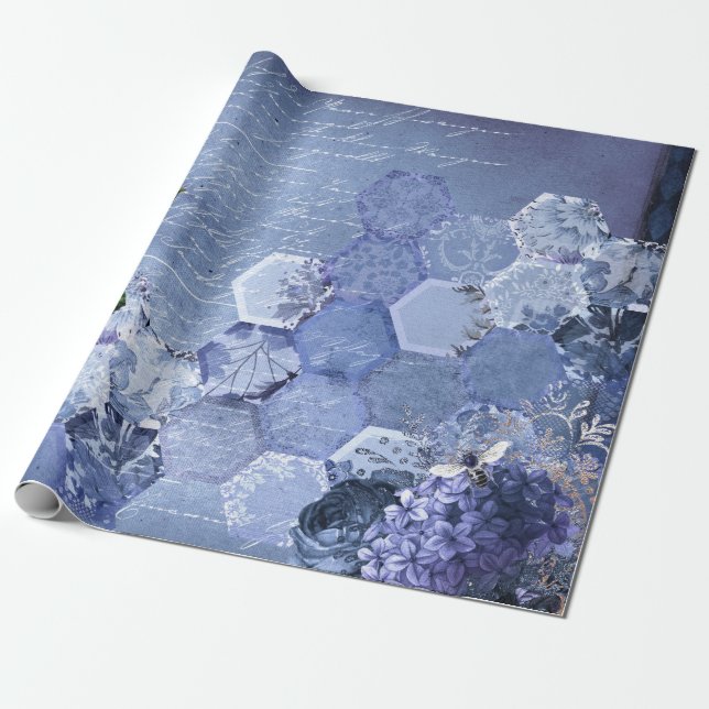 Papier Cadeau Vintage Fleurs d'abeilles bleues romantiques (Déroulé)